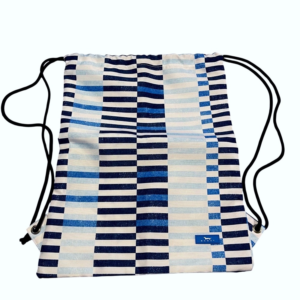 Scout Drawstring Backpack Unisex OS Blue White Geometric Stripe Cinch Bag Pocket